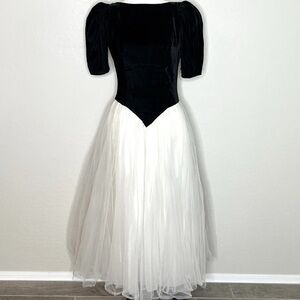 Vintage Vivian Dessy Diamond black and white velvet tulle midi dress
